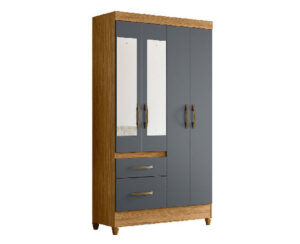 Ropero Madri 204 x 110 x 47 cm Freijo/Gris con 2 Puertas Largas, 2 Puertas Espejo y 2 Cajones con Patas Vol 3