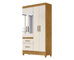 Ropero Madri 204 x 110 x 47 cm Freijo/Blanco con 2 Puertas Largas, 2 Puertas Espejo y 2 Cajones con Patas Vol 3