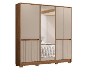 Ropero Alasca 222 x 216 x 47 cm Roble/Beige con 2 Puertas Espejo, 8 Puertas y 4 Cajones con Patas Vol 5
