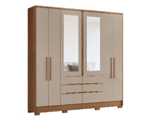 Ropero San Francisco 222 x 216 x 47 cm Roble/Beige con 2 Puertas Espejo, 4 Puertas y 4 Cajones con Patas Vol 5