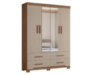 Ropero Miami 212 x 157 x 47 cm Roble/Beige con 2 Puertas Espejo, 2 Puertas y 4 Cajones con Patas Vol4